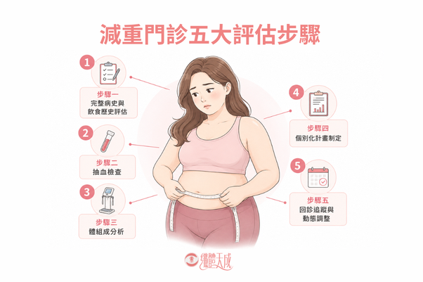 減重門診五大評估步驟：步驟一完整病史與飲食歷史評估、步驟二抽血檢查、步驟三體組成分析、步驟四個別化計畫制定、步驟五回診追蹤與動態調整